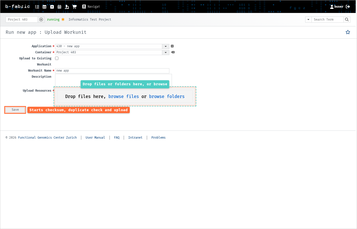 The upload screen: drop files onto the dashed area, then press Save
